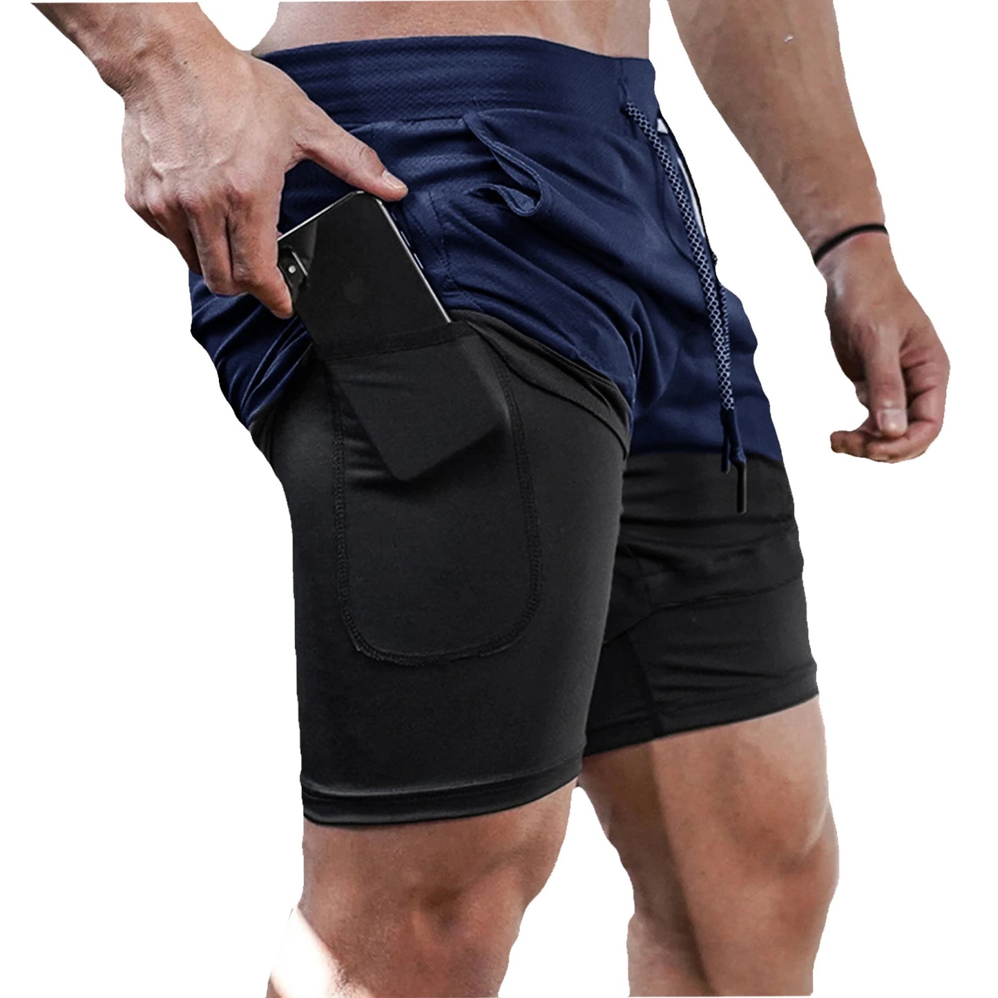 Mens 2 in 1 performance workout shorts compression liner, and sweat proof.