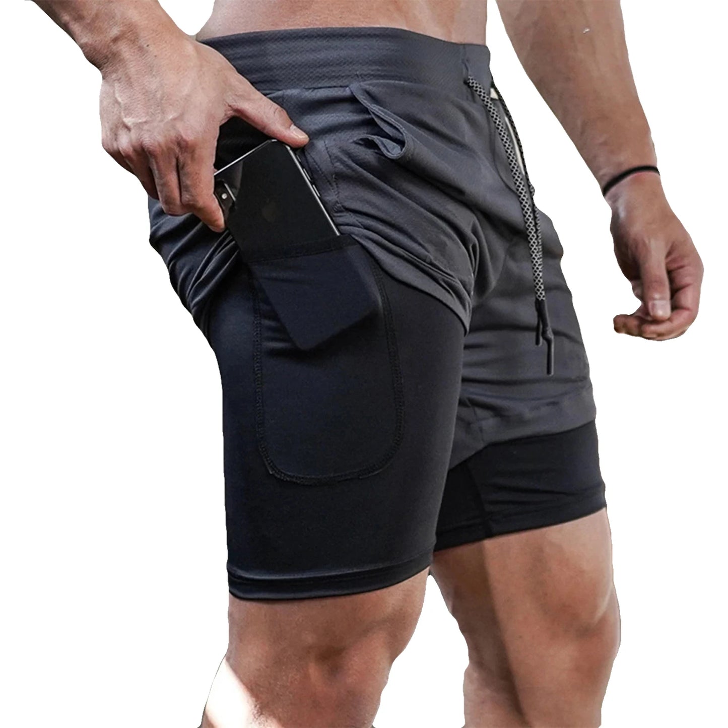 Mens 2 in 1 performance workout shorts compression liner, and sweat proof.