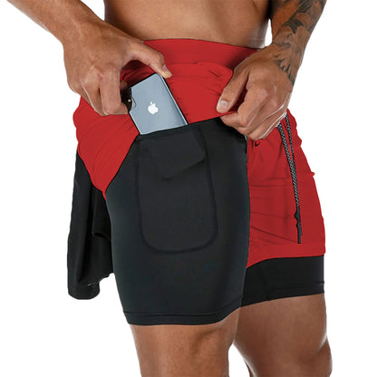 Mens 2 in 1 performance workout shorts compression liner, and sweat proof.