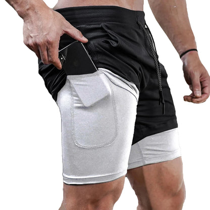 Mens 2 in 1 performance workout shorts compression liner, and sweat proof.