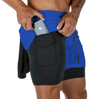 Mens 2 in 1 performance workout shorts compression liner, and sweat proof.