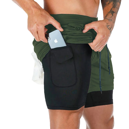 Mens 2 in 1 performance workout shorts compression liner, and sweat proof.