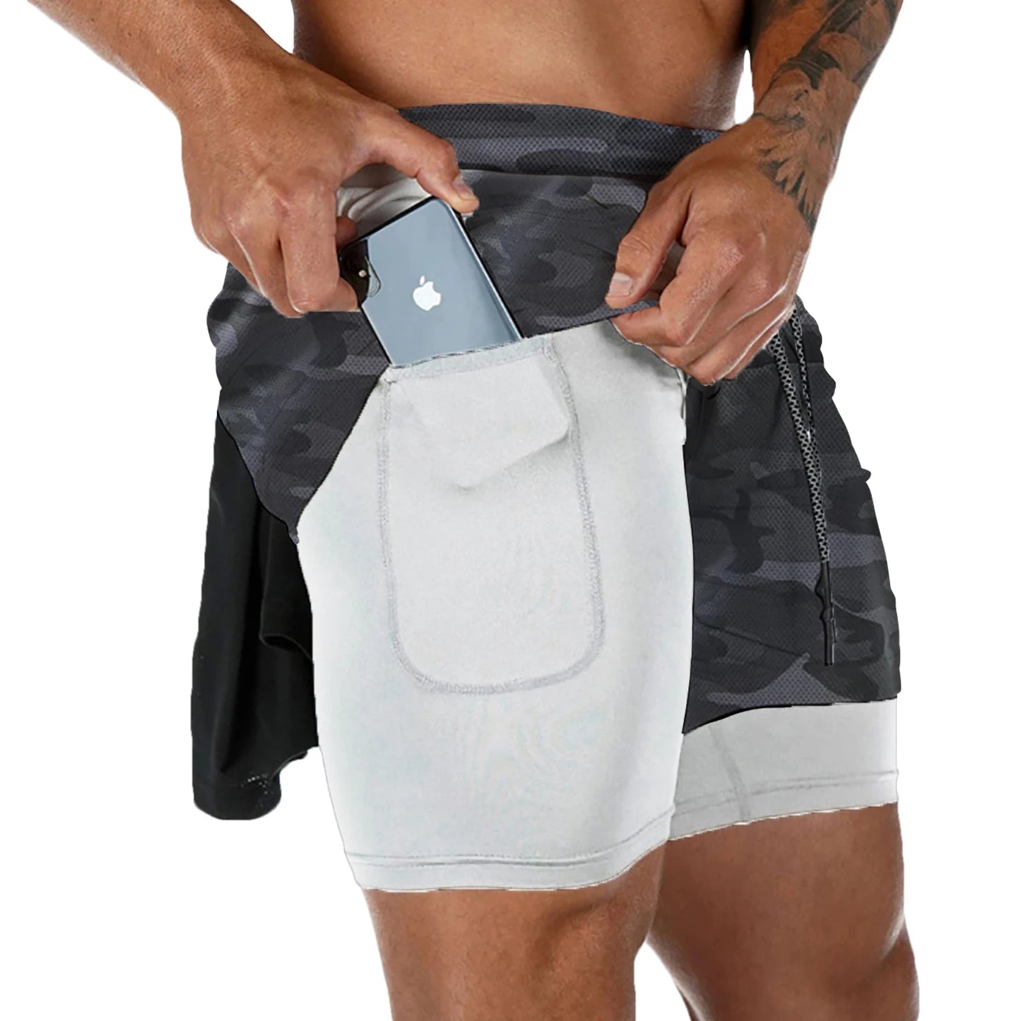 Mens 2 in 1 performance workout shorts compression liner, and sweat proof.