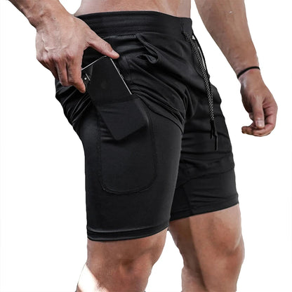 Mens 2 in 1 performance workout shorts compression liner, and sweat proof.